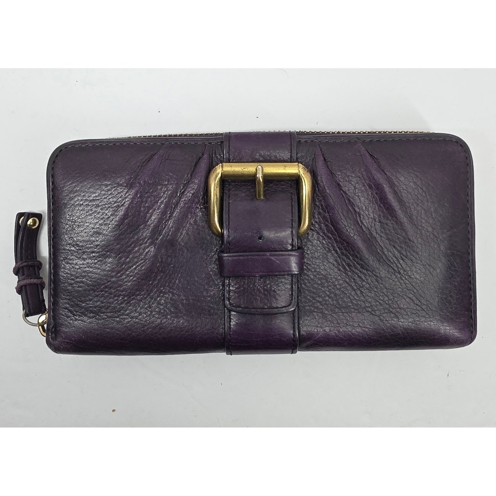 Coach Purple Pleated Leather Buckle Zip Around Wallet Brass Hardware